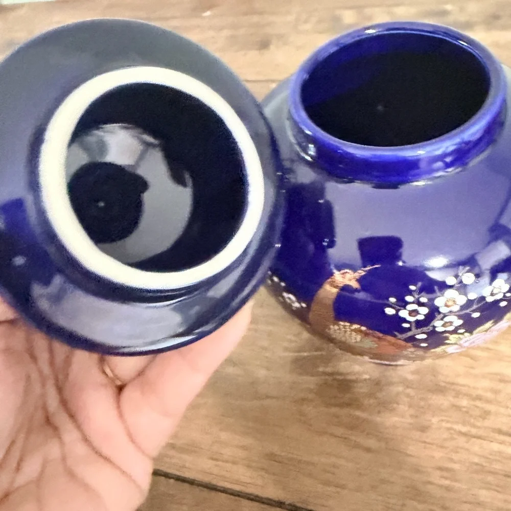 Vintage Cobalt Blue Porcelain Ginger Jar Hand Painted Gold Trim Floral Bird Deco